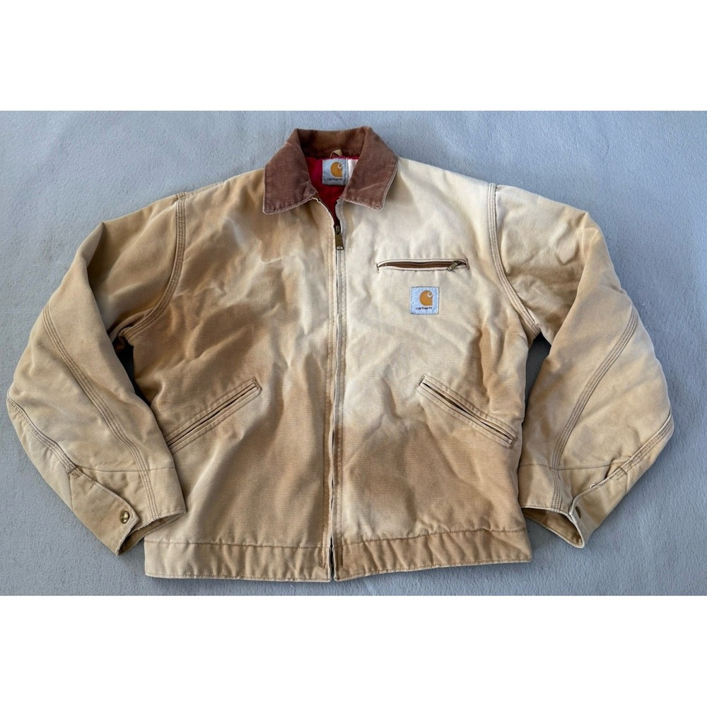 Carhartt 6QLJ Detroit Jacket Brown 40 Red Quilt Lined Distressed Sun Faded VTG